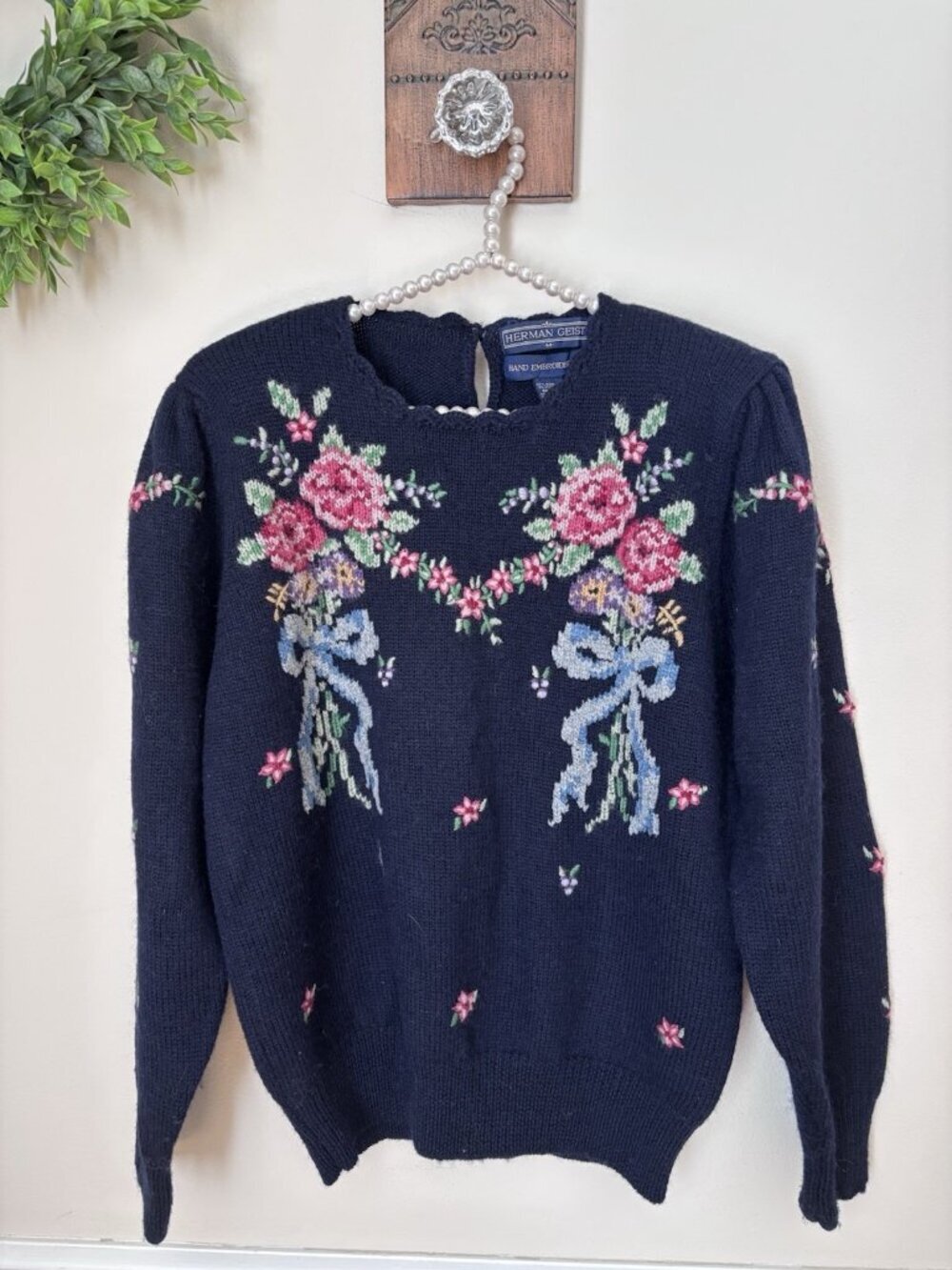 Vintage Herman Geist Size M Hand Embroidered Floral Wool Blend Sweater